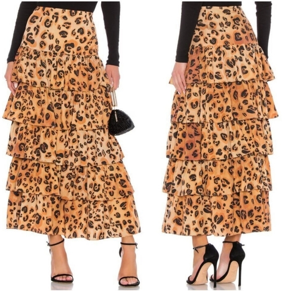 Mara Hoffman Marzia Tiered Maxi Skirt Size 2 Animal Print Ruffle Tan Brown Party - Picture 1 of 12